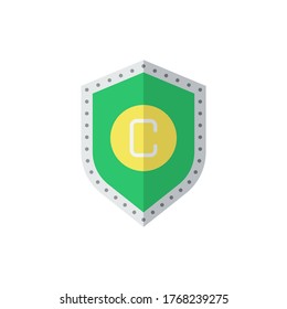 Shield with copyright sign vector icon symbol isolated on white background