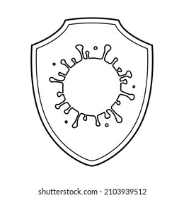Shield with Coronavirus, icon isolated on white background. Sketch drawing of virus pandemic for healthcare, immune system illustration. Secure and protection icon symbol. Vector