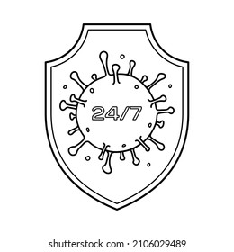 Shield with Coronavirus, icon isolated on white background. Sketch drawing of virus pandemic for healthcare, immune system illustration. Secure and protection icon symbol. Vector