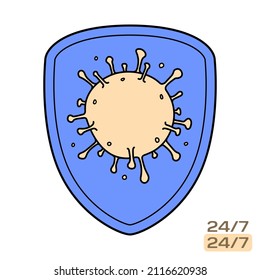 Shield with Coronavirus, icon isolated on white background. Sketch drawing of virus pandemic for healthcare, immune system illustration. Secure and protection icon symbol. Vector