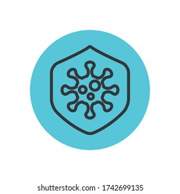 shield with coronavirus symbol icon over white background, block line style, vector illustration