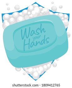 Shield covered with foam and soap cleaning it, promoting hand washing and protection of diseases.