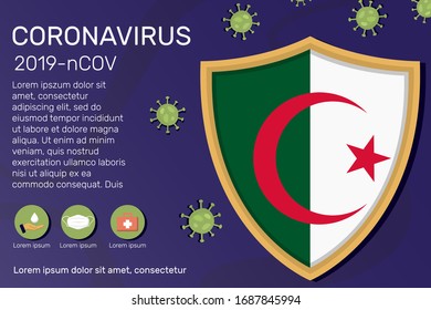 Shield covering and protecting of Algeria. Conceptual banner, poster, advisory steps to follow during the outbreak of Covid-19, coronavirus. Do not panic stop corona virus together