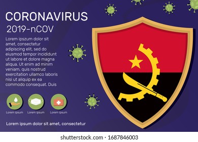 Shield covering and protecting of Angola. Conceptual banner, poster, advisory steps to follow during the outbreak of Covid-19, coronavirus. Do not panic stop corona virus together