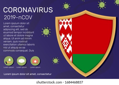 Shield covering and protecting of Belarus. Conceptual banner, poster, advisory steps to follow during the outbreak of Covid-19, coronavirus. Do not panic stop corona virus together
