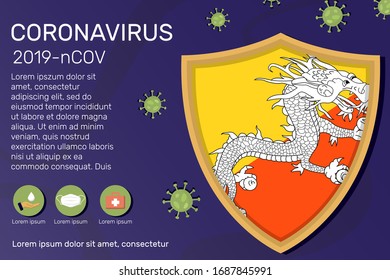 Shield covering and protecting of Bhutan. Conceptual banner, poster, advisory steps to follow during the outbreak of Covid-19, coronavirus. Do not panic stop corona virus together
