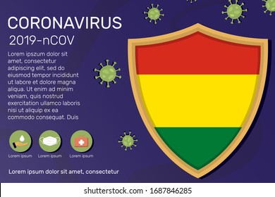 Shield covering and protecting of Bolivia. Conceptual banner, poster, advisory steps to follow during the outbreak of Covid-19, coronavirus. Do not panic stop corona virus together