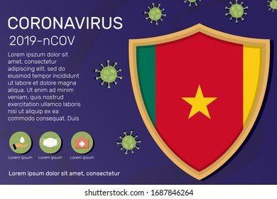 Shield covering and protecting of Cameroon. Conceptual banner, poster, advisory steps to follow during the outbreak of Covid-19, coronavirus. Do not panic stop corona virus together
