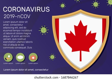 Shield covering and protecting of Canada. Conceptual banner, poster, advisory steps to follow during the outbreak of Covid-19, coronavirus. Do not panic stop corona virus together