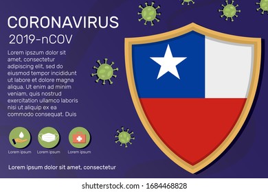 Shield covering and protecting of Chile. Conceptual banner, poster, advisory steps to follow during the outbreak of Covid-19, coronavirus. Do not panic stop corona virus together