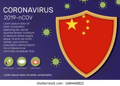Shield covering and protecting of China. Conceptual banner, poster, advisory steps to follow during the outbreak of Covid-19, coronavirus. Do not panic stop corona virus together