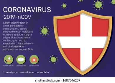 Shield covering and protecting of Denmark. Conceptual banner, poster, advisory steps to follow during the outbreak of Covid-19, coronavirus. Do not panic stop corona virus together