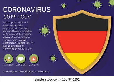 Shield covering and protecting of Germany. Conceptual banner, poster, advisory steps to follow during the outbreak of Covid-19, coronavirus. Do not panic stop corona virus together