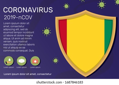 Shield covering and protecting of Guinea. Conceptual banner, poster, advisory steps to follow during the outbreak of Covid-19, coronavirus. Do not panic stop corona virus together