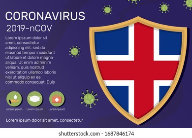 Shield covering and protecting of Iceland. Conceptual banner, poster, advisory steps to follow during the outbreak of Covid-19, coronavirus. Do not panic stop corona virus together