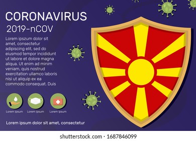 Shield covering and protecting of Macedonia. Conceptual banner, poster, advisory steps to follow during the outbreak of Covid-19, coronavirus. Do not panic stop corona virus together