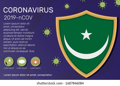 Shield covering and protecting of Mauritania. Conceptual banner, poster, advisory steps to follow during the outbreak of Covid-19, coronavirus. Do not panic stop corona virus together