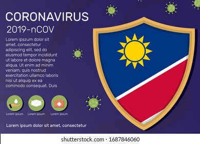 Shield covering and protecting of Namibia. Conceptual banner, poster, advisory steps to follow during the outbreak of Covid-19, coronavirus. Do not panic stop corona virus together