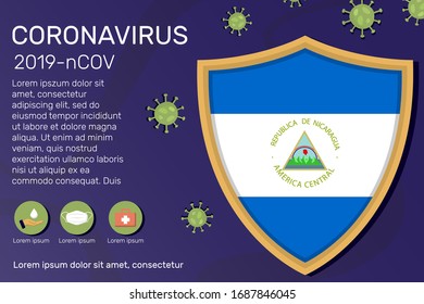 Shield covering and protecting of Nicaragua. Conceptual banner, poster, advisory steps to follow during the outbreak of Covid-19, coronavirus. Do not panic stop corona virus together