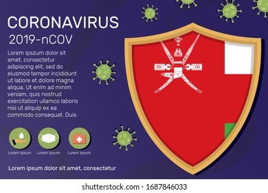 Shield covering and protecting of Oman. Conceptual banner, poster, advisory steps to follow during the outbreak of Covid-19, coronavirus. Do not panic stop corona virus together