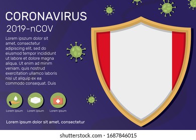Shield covering and protecting of Peru. Conceptual banner, poster, advisory steps to follow during the outbreak of Covid-19, coronavirus. Do not panic stop corona virus together