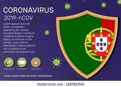 Shield covering and protecting of Portugal. Conceptual banner, poster, advisory steps to follow during the outbreak of Covid-19, coronavirus. Do not panic stop corona virus together