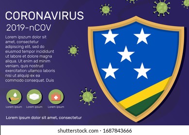 Shield covering and protecting of Solomon Islands. Conceptual banner, poster, advisory steps to follow during the outbreak of Covid-19, coronavirus. Do not panic stop corona virus together