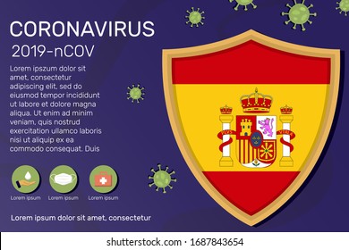 Shield covering and protecting of Spain. Conceptual banner, poster, advisory steps to follow during the outbreak of Covid-19, coronavirus. Do not panic stop corona virus together