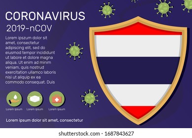 Shield covering and protecting of Thailand. Conceptual banner, poster, advisory steps to follow during the outbreak of Covid-19, coronavirus. Do not panic stop corona virus together