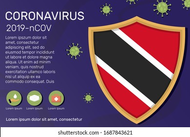 Shield covering and protecting of Trinidad and Tobago. Conceptual banner, poster, advisory steps to follow during the outbreak of Covid-19, coronavirus. Do not panic stop corona virus together