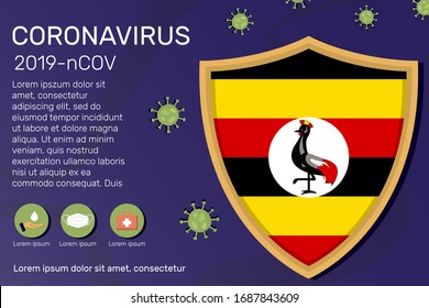 Escudo que cubre y protege Uganda. Banner conceptual, afiche, pasos de asesoramiento a seguir durante el brote del Covid-19, coronavirus. No entrar en pánico detener el corona virus juntos