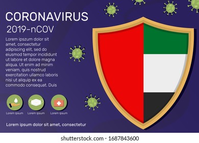 Shield covering and protecting of United Arab Emirates. Conceptual banner, poster, advisory steps to follow during the outbreak of Covid-19, coronavirus. Do not panic stop corona virus together