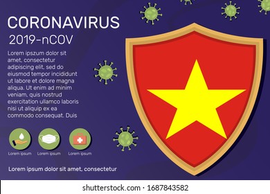 Shield covering and protecting of Vietnam. Conceptual banner, poster, advisory steps to follow during the outbreak of Covid-19, coronavirus. Do not panic stop corona virus together