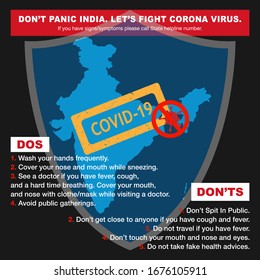 Shield covering/protecting India. Conceptual banner/poster/campaign/appeal/advisory steps to follow during the outbreak of Covid-19/coronavirus. Do not panic, let's fight, stop corona virus together. 