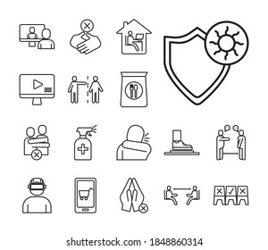 shield with covid 19 particle and bundle icons line style vector illustration design