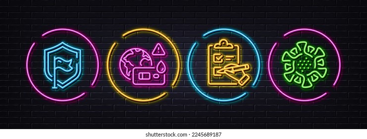Shield, Covid test and Checklist minimal line icons. Neon laser 3d lights. Coronavirus icons. For web, application, printing. Safe secure, Blood testing, Questioning clipboard. Covid-19 virus. Vector