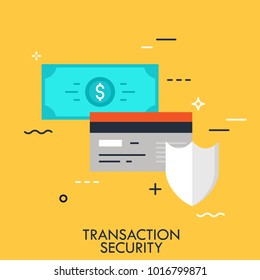 Shield, credit card and banknote. Transaction and payment security concept, money protection technology icon. Vector illustration in thin line style for website, banner, header, logo, banking service