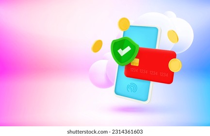 The shield with credit card and guard shield. Internet payment concept. 3d vector banner with copy space