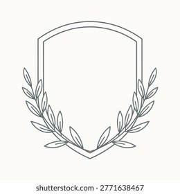 Shield crest with bottom laurel arrangement in clean thin outline style