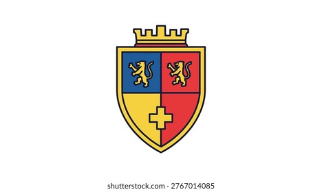 shield crest featuring flat shield crest with four quadrants, lions, and cross. Scalable various applications. Scalable format print and digital media. shield crest, heraldic emblem, flat lion symbols.