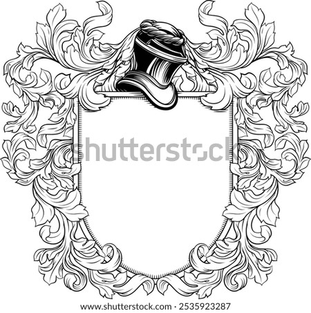 A shield crest heraldic armorial knight helmet medieval family coat of arms with filigree heraldry illustration in vintage woodcut style