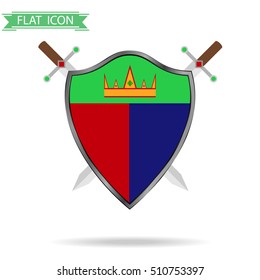 Shield, Crest, shield and two swords, a sword icon, coat of arms. Flat design, vector.