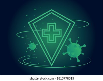 shield with cross and covid 19 virus cells vector illustration design