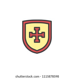 Shield with cross filled outline icon, line vector sign, linear colorful pictogram isolated on white. Protection symbol, logo illustration. Pixel perfect vector graphics