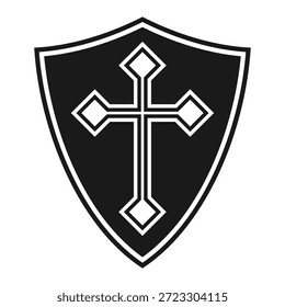 Escudo con icono de cruz. Escudo de armas símbolo del cristianismo. Signo del logotipo de la cruzada de Heraldry. Imagen de Ilustración vectorial.