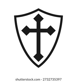 Escudo con icono de cruz. Escudo de armas símbolo del cristianismo. Signo del logotipo de la cruzada de Heraldry. Imagen de Ilustración vectorial.
