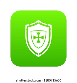 Shield with cross icon digital green for any design isolated on white vector illustration
