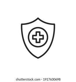 Shield and cross icon. Health care, safety, protection, healthcare concepts. Simple thin line design. Outline symbol. Vector icon