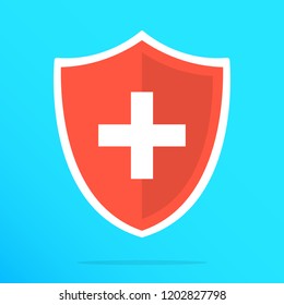 Shield with cross icon. Red shield with white cross. Vector flat icon