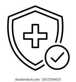 Shield with cross icon, representing healthcare system, medical insurance, safety protection, hygiene, and immunity